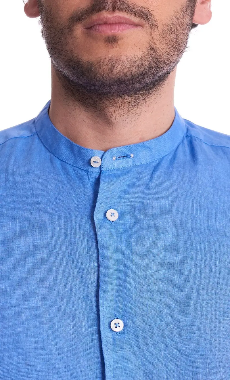 Camicia coreana mastricamiciai in puro lino, colore bluette miniatura 2