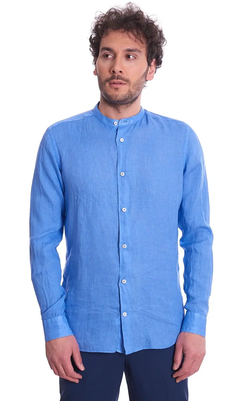 Camicia coreana mastricamiciai in puro lino, colore bluette