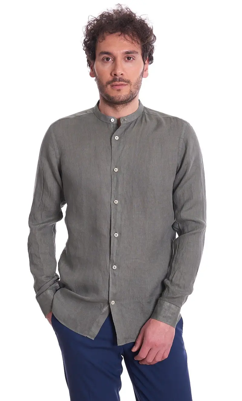 Camicia coreana mastricamiciai in puro lino, colore militare