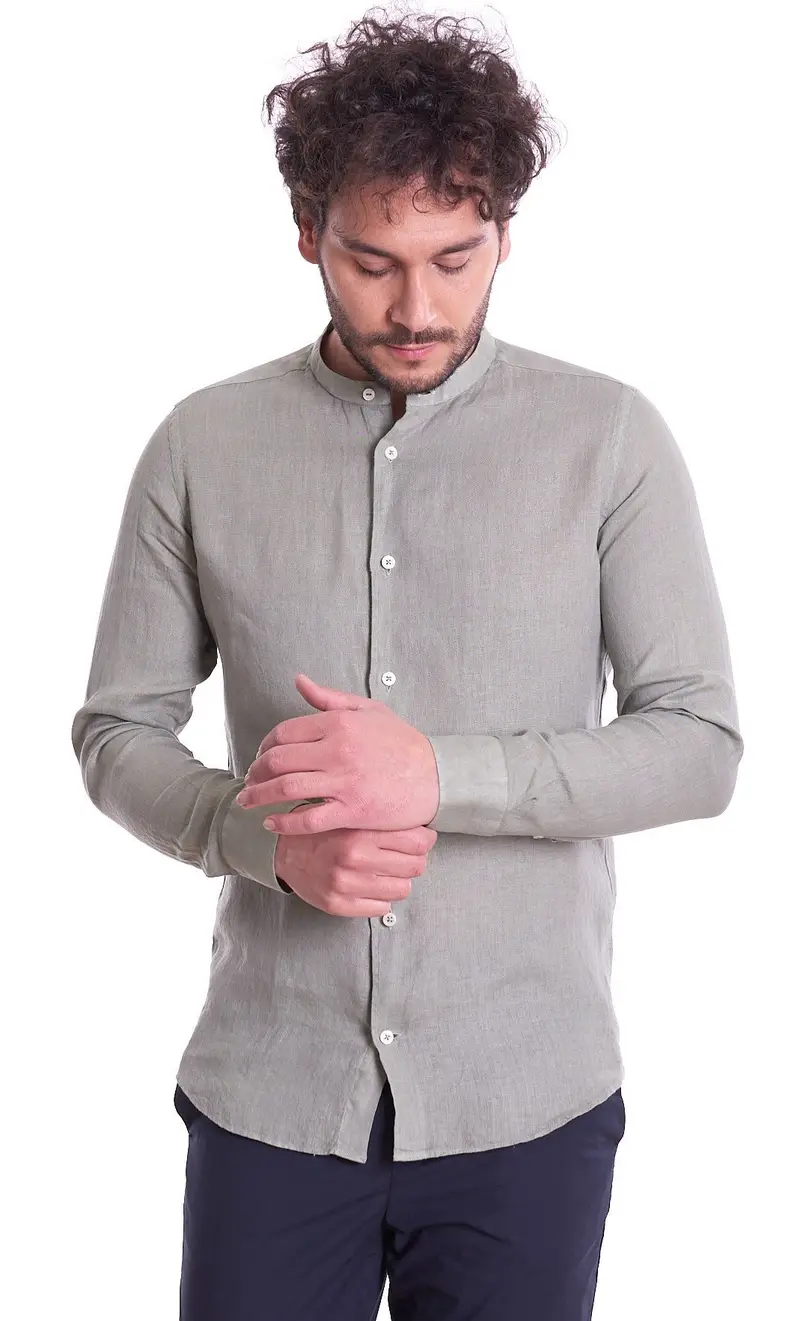 Camicia coreana mastricamiciai in puro lino, colore verde