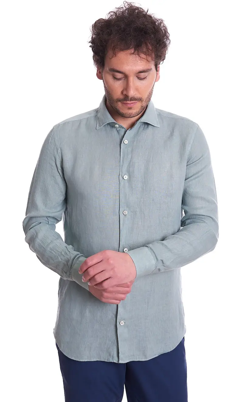 Camicia mastricamiciai in puro lino collo italiano, colore verde
