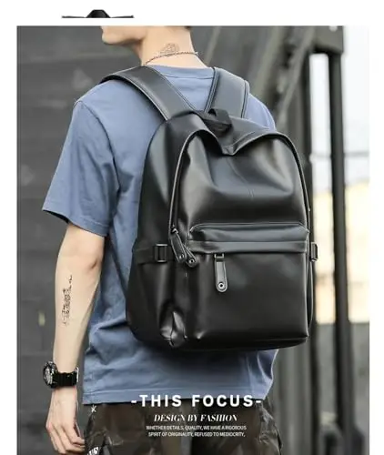 MATE ELAN Zaino per computer portatile in pelle PU per uomo donna adulto casual zaino nero 15, 6 pollici Computer miniatura 3