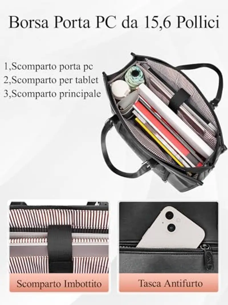 MATEIN Borsa Lavoro Donna con Scomparto Pranzo Isolato, Grande Borsa Porta PC Donna 15, 6 Pollici in Pelle PU miniatura 3
