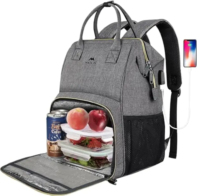 MATEIN Pranzo Zaino Donna, Porta PC 15,6 Pollici con Scomparto Lunch Isolato, da Viaggio con Porta USB, Zaino Impermeabile Borsa Termica Porta Pranzo per Uomo Lavoro Picnic, Grigio