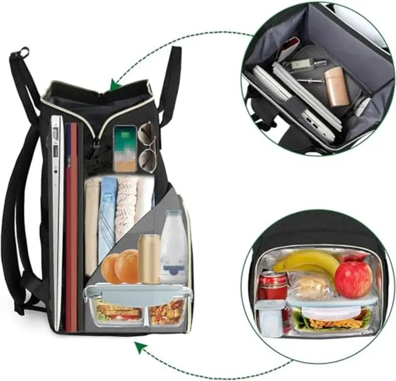 MATEIN Zaino Donna Pranzo, da Viaggio con Porta USB, per PC 15, 6 Pollici con Scomparto Lunch Isolato, Impermeabile Borsa Termica per Uomo Lavoro Picnic, Nero miniatura 2