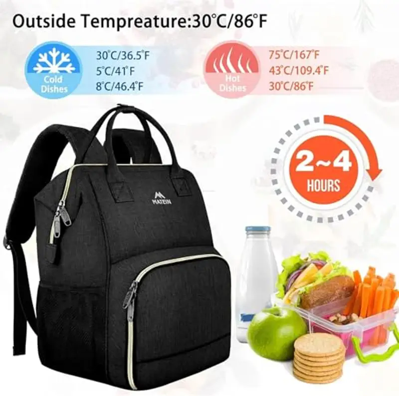 MATEIN Zaino Donna Pranzo, da Viaggio con Porta USB, per PC 15, 6 Pollici con Scomparto Lunch Isolato, Impermeabile Borsa Termica per Uomo Lavoro Picnic, Nero miniatura 3
