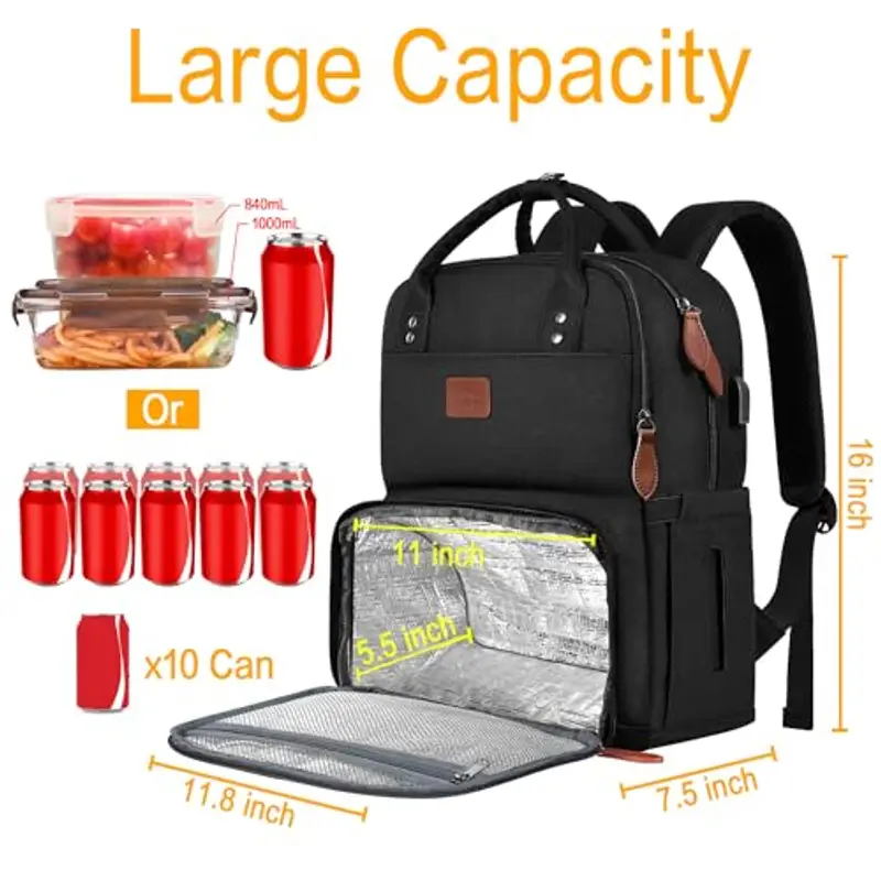 MATEIN Zaino Porta PC 15, 6 Pollici Uomo Donna con Scomparto Pranzo Isolato, da Viaggio con Porta USB, Impermeabile Borsa Termica per Lavoro Picnic, Nero miniatura 3