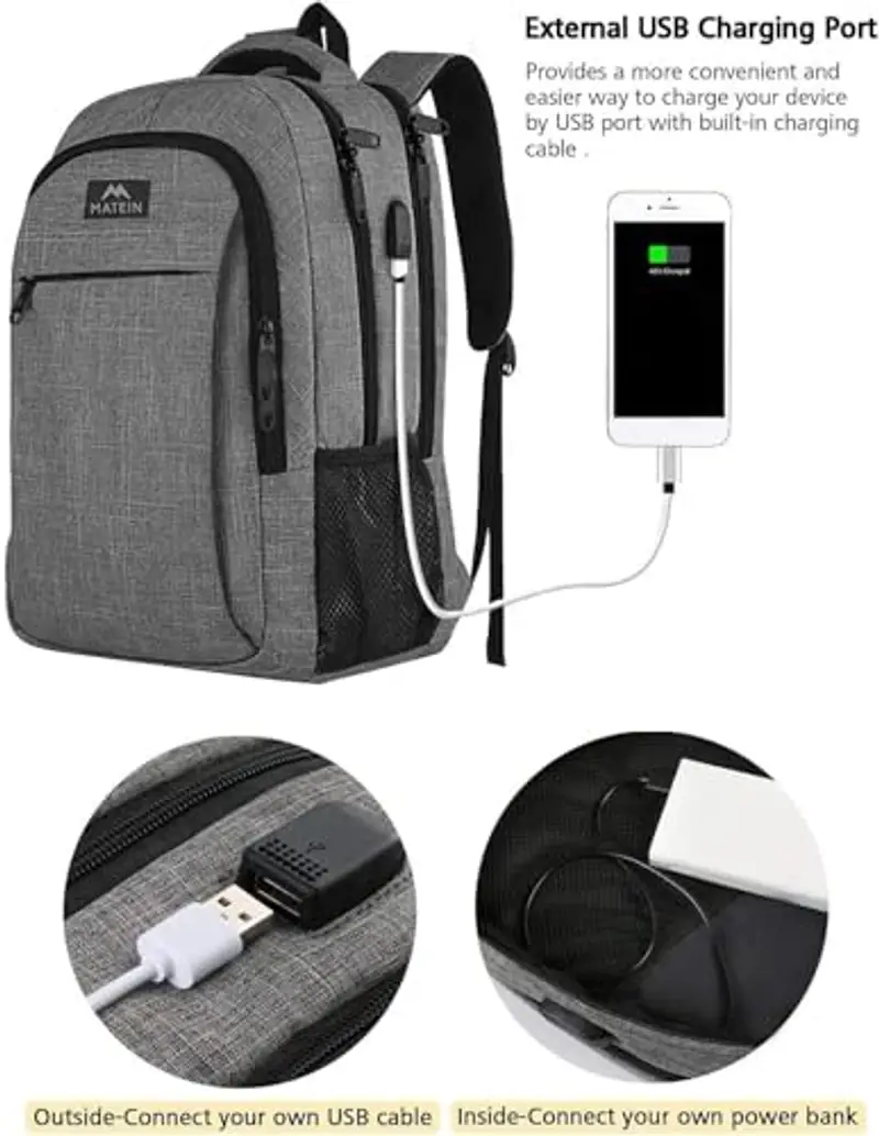 MATEIN Zaino Porta PC Antifurto Zaino PC 15.6 Pollici Impermeabile Zaino per Computer Portatile con Caricatore USB Zaino Lavoro Uomo per Università Viaggio, Grigio miniatura 3