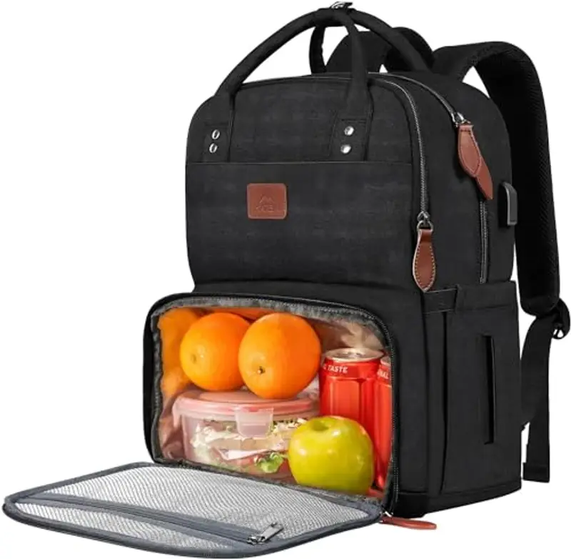 MATEIN Zaino Porta Pranzo con Scomparto Isoterma, Borsa Termica per Alimenti da 17" per Uomo e Donna, Porta USB, per Laptop, Campeggio, Viaggio e Lavoro, Nero