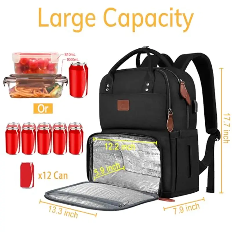MATEIN Zaino Porta Pranzo con Scomparto Isoterma, Borsa Termica per Alimenti da 17" per Uomo e Donna, Porta USB, per Laptop, Campeggio, Viaggio e Lavoro, Nero miniatura 3