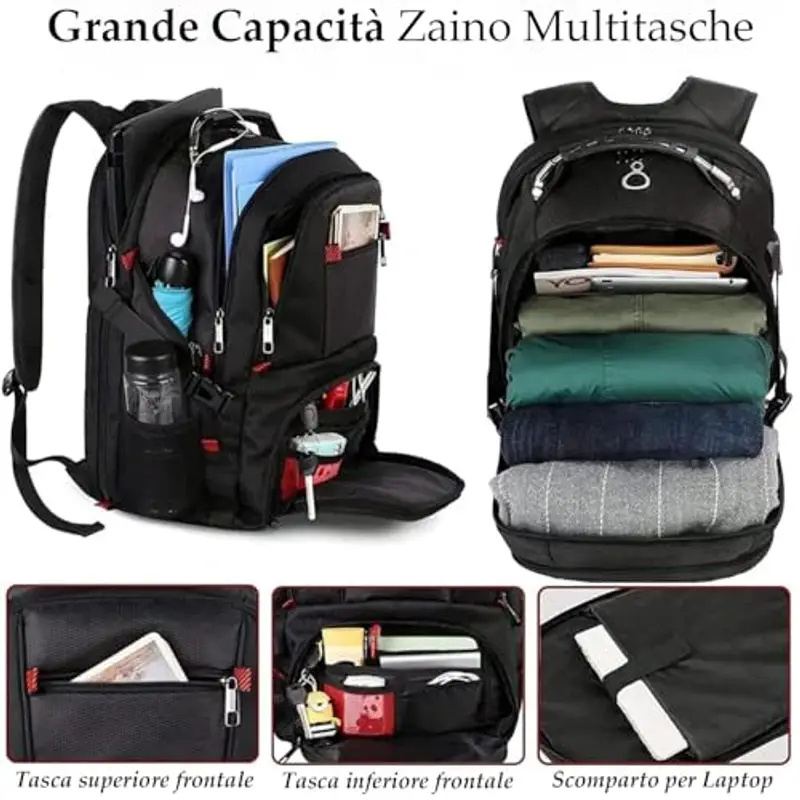 MATEIN Zaino Uomo Grande 50L, Zaino Porta PC 17 Pollici Zaini Lavoro Uomo Zaino Capiente, Impermeabile Zaino per PC Portatile Laptop Computer Notebook Viaggio Ufficio Scuola Università, Nero miniatura 2