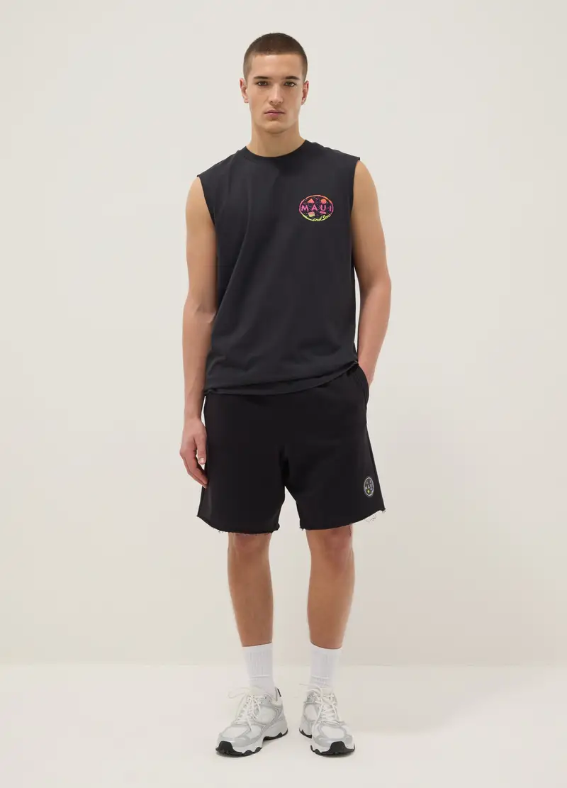 Bermuda In Puro Cotone Nero Relaxed Fit Con Orli , Uomo, Nero