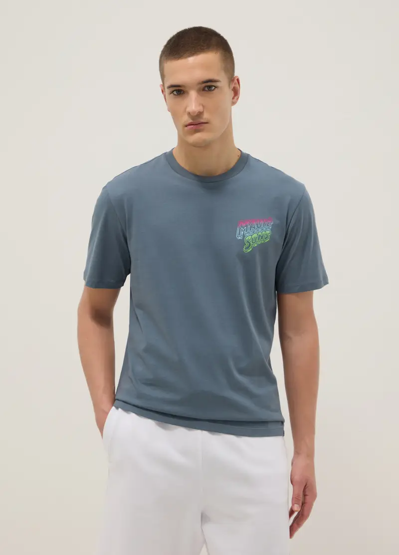 T-shirt A Maniche Corte In Puro Cotone Azzurra Relaxed Fit Con Stampa, Uomo, Azzurro miniatura 2