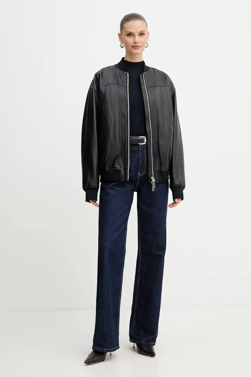 giacca in pelle stile bomber colore nero 2528446012200 miniatura 2