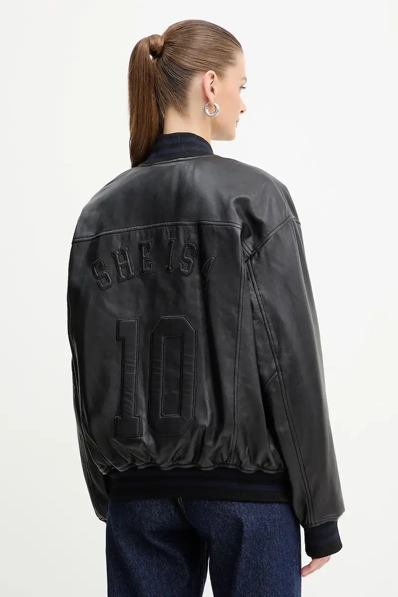 giacca in pelle stile bomber colore nero 2528446012200 miniatura 3