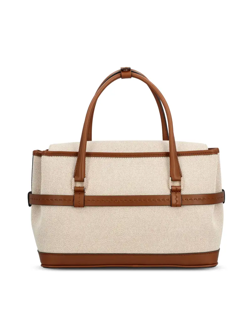 Borsa A Mano In Tela Di Cotone E Pelle BEIGE miniatura 2