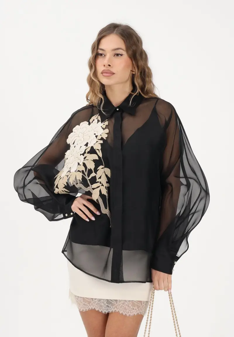 Camicia a manica lunga nera da donna con ricamo floreale miniatura 2