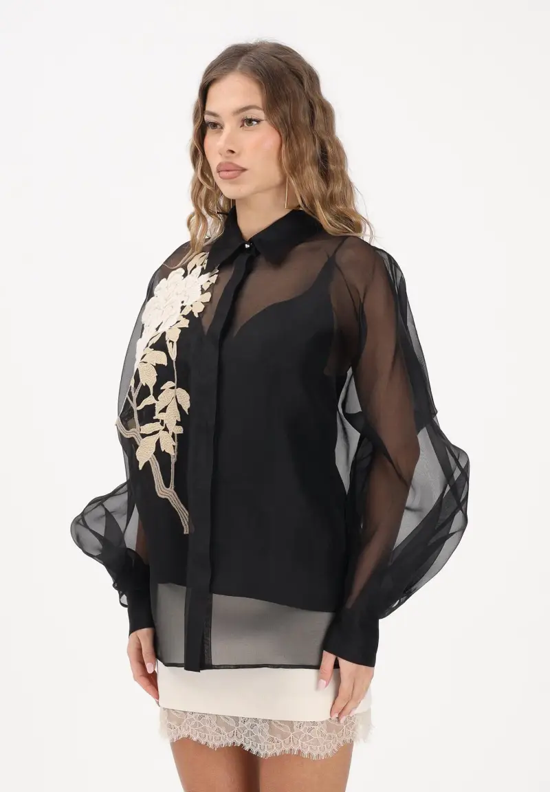 Camicia a manica lunga nera da donna con ricamo floreale