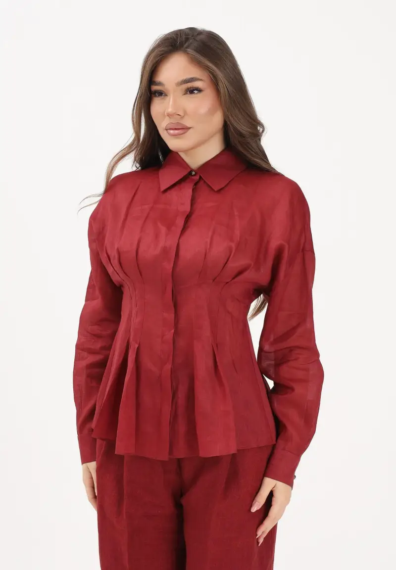 Camicia a manica lunga rossa da donna in tela di ramié