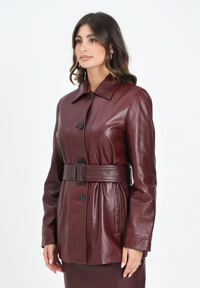 MAX MARA Giacca in morbida nappa bordeaux da donna con cintura