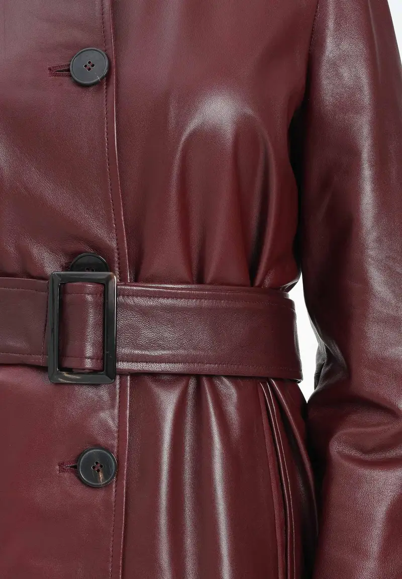 MAX MARA Giacca in morbida nappa bordeaux da donna con cintura miniatura 2