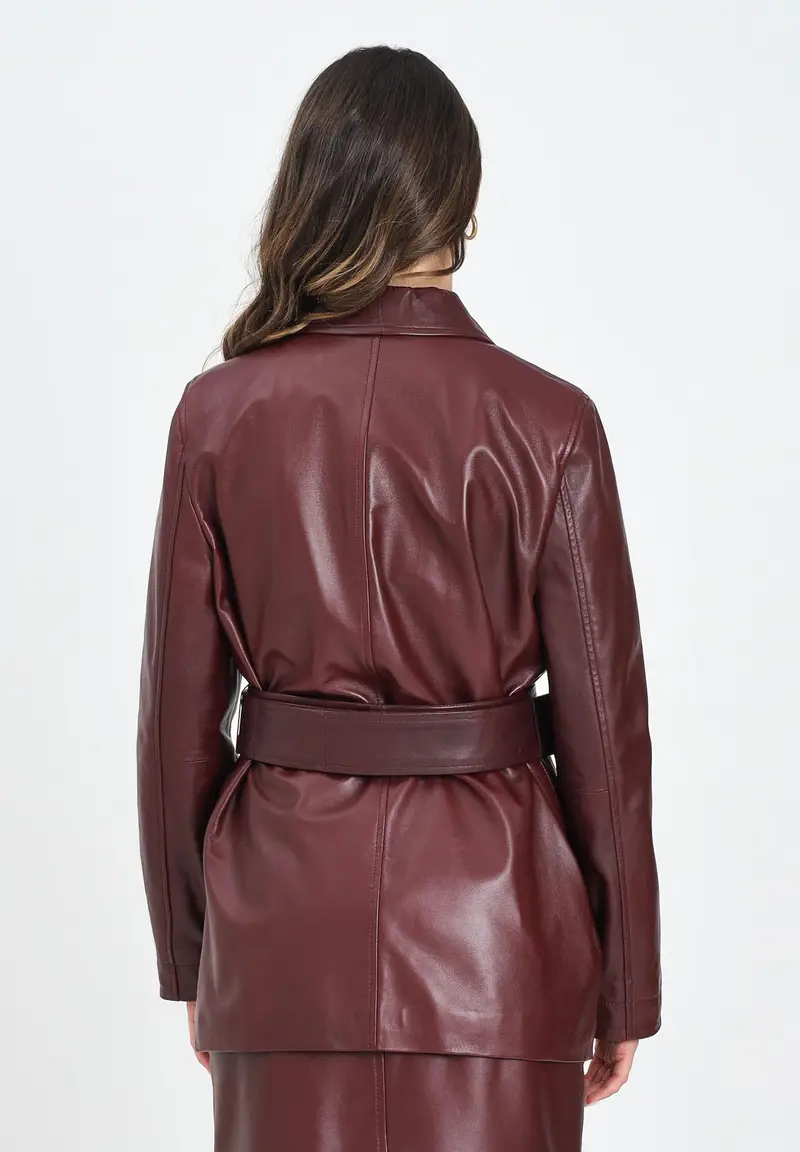 MAX MARA Giacca in morbida nappa bordeaux da donna con cintura miniatura 3