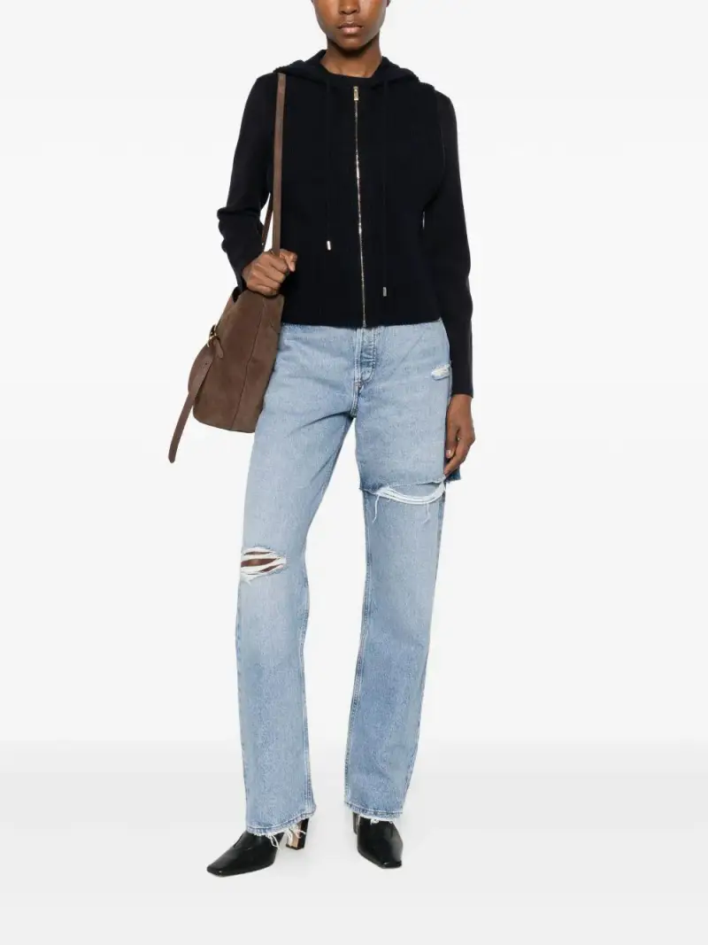 Giacca blu notte in maglia a coste con cappuccio miniatura 3