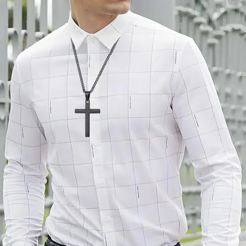 Maykafay Collana Croce Uomo, Crocifisso Collana Uomo in Acciaio Inossidabile, Catena con Pendente Croce Catenina, Nero miniatura 3