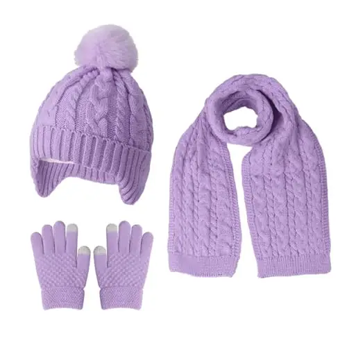 MAZELIKEHOOD Cappello Sciarpa Guanti per Bambina Set Invernale 3 Pezzi con Pon Pon Berretto di Caldo Sciarpa e Guanti