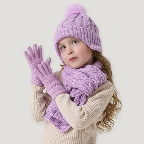 MAZELIKEHOOD Cappello Sciarpa Guanti per Bambina Set Invernale 3 Pezzi con Pon Pon Berretto di Caldo Sciarpa e Guanti miniatura 2
