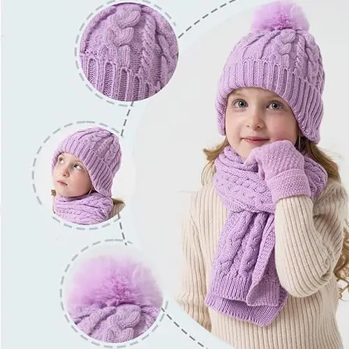 MAZELIKEHOOD Cappello Sciarpa Guanti per Bambina Set Invernale 3 Pezzi con Pon Pon Berretto di Caldo Sciarpa e Guanti miniatura 3