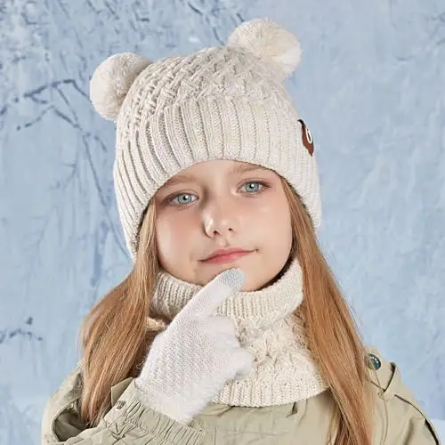 MAZELIKEHOOD Cappello Sciarpa Guanti per Bambina Set Invernale 3 Pezzi con Pon Pon Berretto di Caldo Sciarpa e Guanti miniatura 2