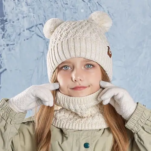 MAZELIKEHOOD Cappello Sciarpa Guanti per Bambina Set Invernale 3 Pezzi con Pon Pon Berretto di Caldo Sciarpa e Guanti miniatura 3
