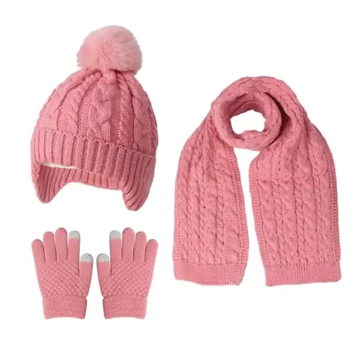 MAZELIKEHOOD Cappello Sciarpa Guanti per Bambina Set Invernale 3 Pezzi con Pon Pon Berretto di Caldo Sciarpa e Guanti