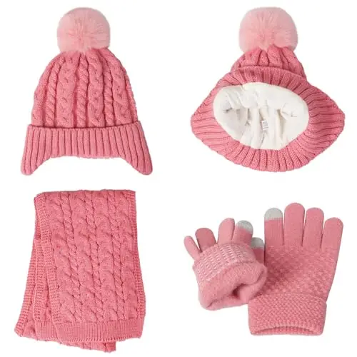 MAZELIKEHOOD Cappello Sciarpa Guanti per Bambina Set Invernale 3 Pezzi con Pon Pon Berretto di Caldo Sciarpa e Guanti miniatura 2