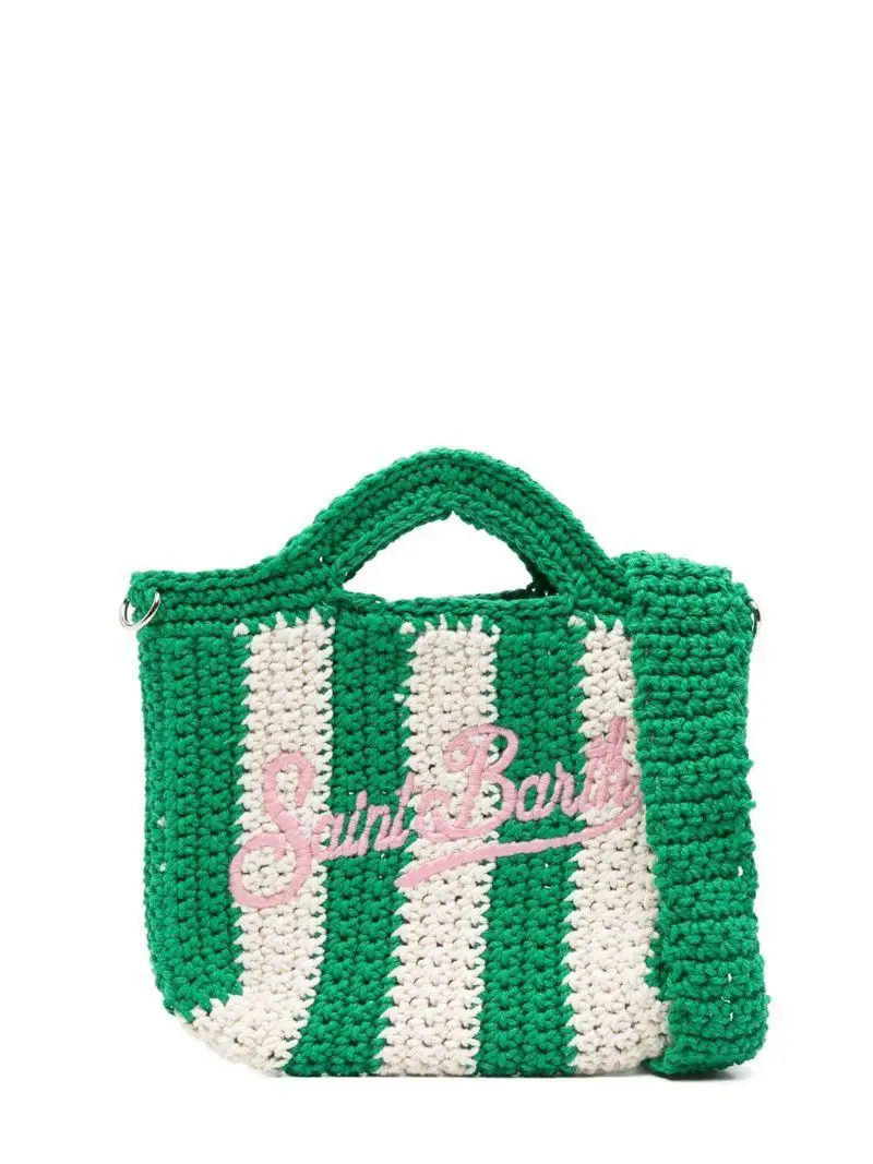 Borsa a Uncinetto con Righe Verdi e Bianco Bianco verde