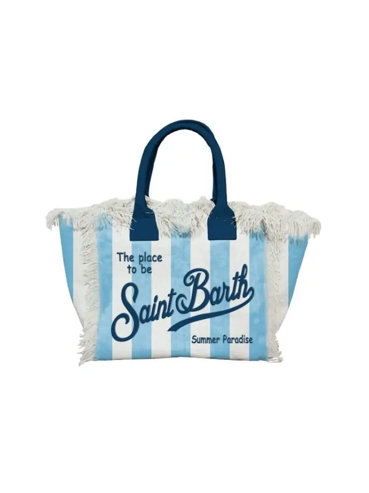 borsa colette in canvas a righe bianco e celeste con logo blu