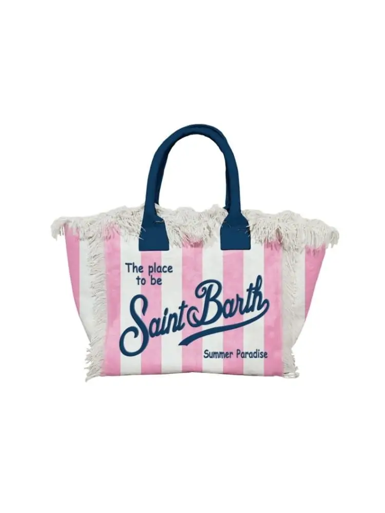 borsa colette in canvas a righe bianco e rosa con logo blu