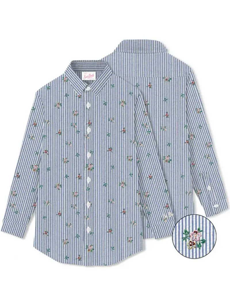 Camicia brigitte a righe con fiori ricamati Blu