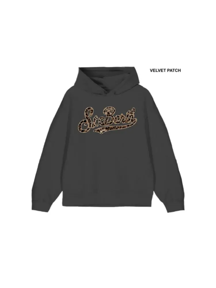 felpa con cappuccio kids/junior nera con logo in velluto liscio