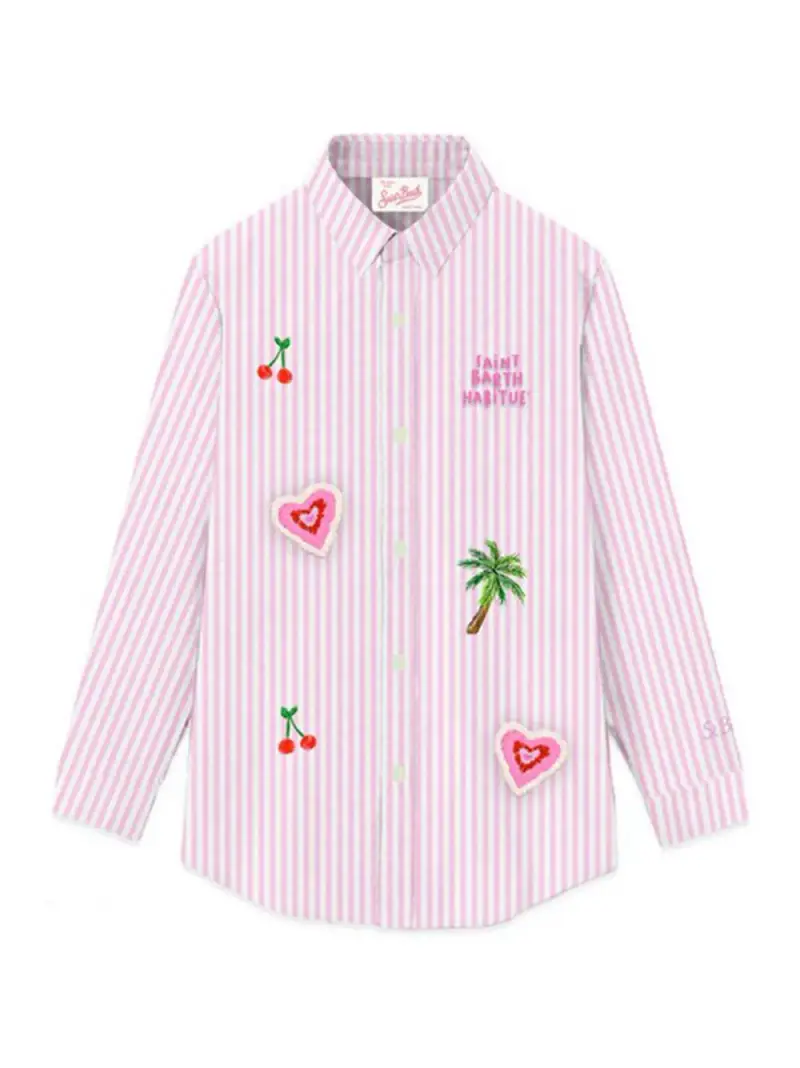 Camicia brigitte fantasia a righe e ricami Rosa