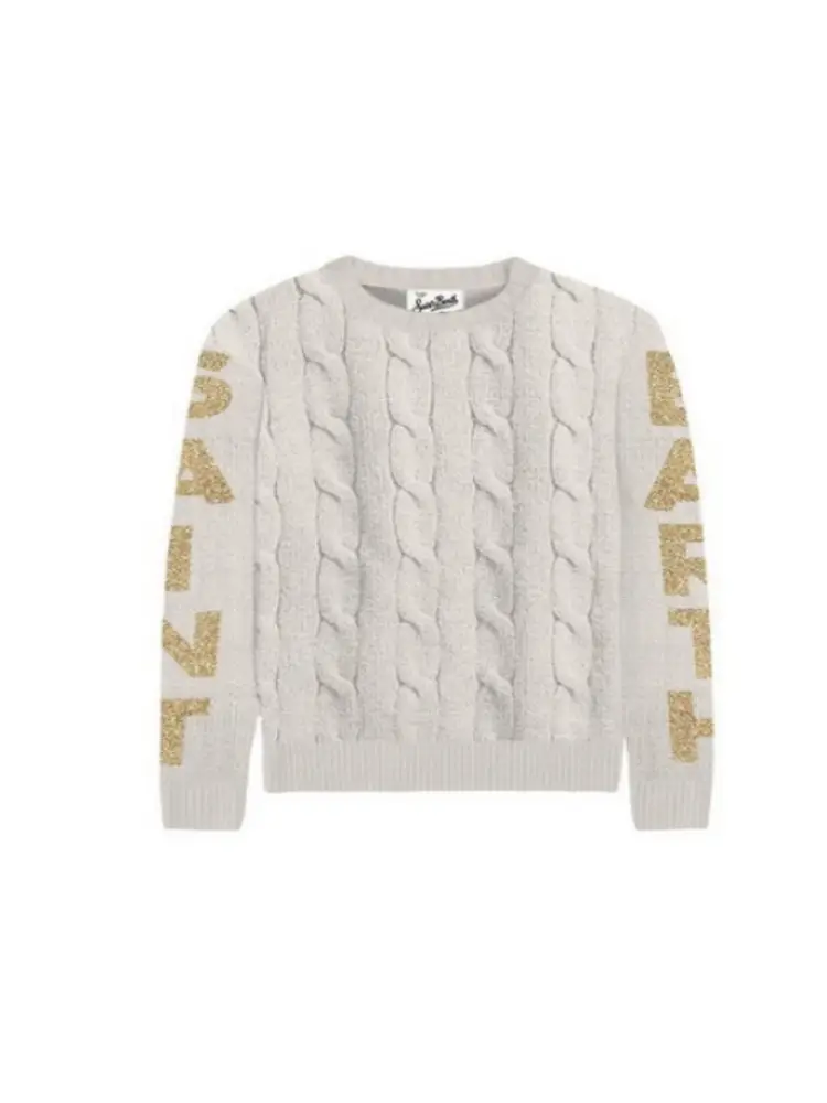 maglia junior a treccia bianco con logo sulle braccia