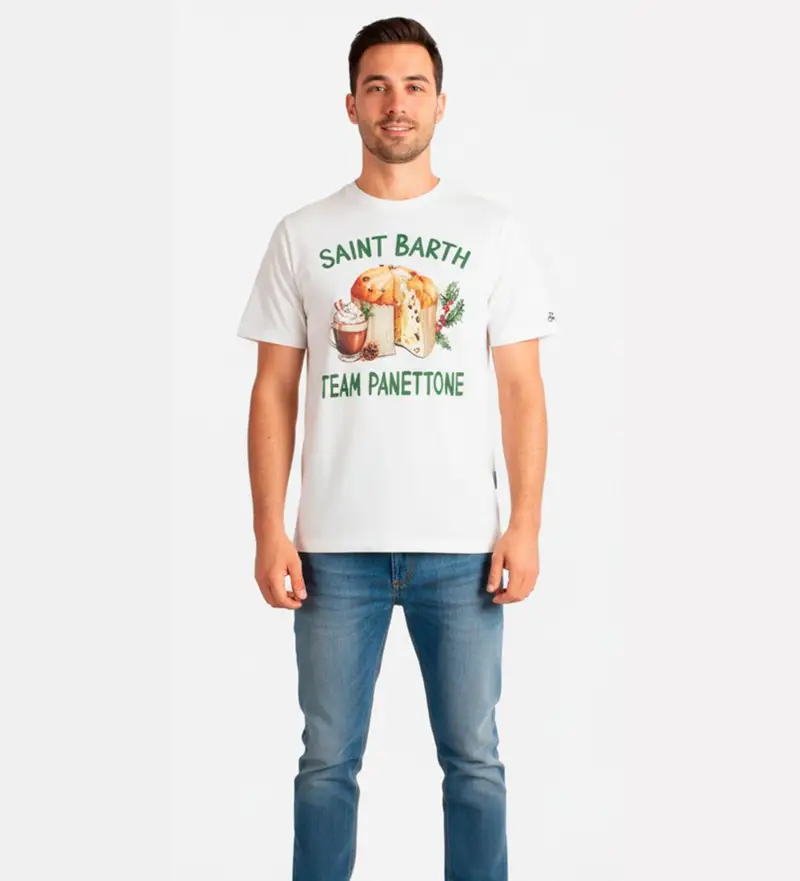 per uomo. ARN0004 Maglietta Panettone Bianca (S), Bianco, Casual, Cotone, Manica corta Verde