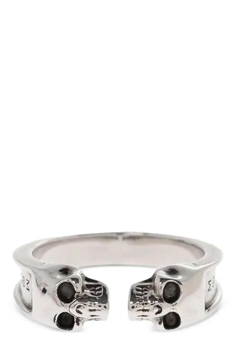 Mcqueen Anello Thin Twin Skull in metallo argento