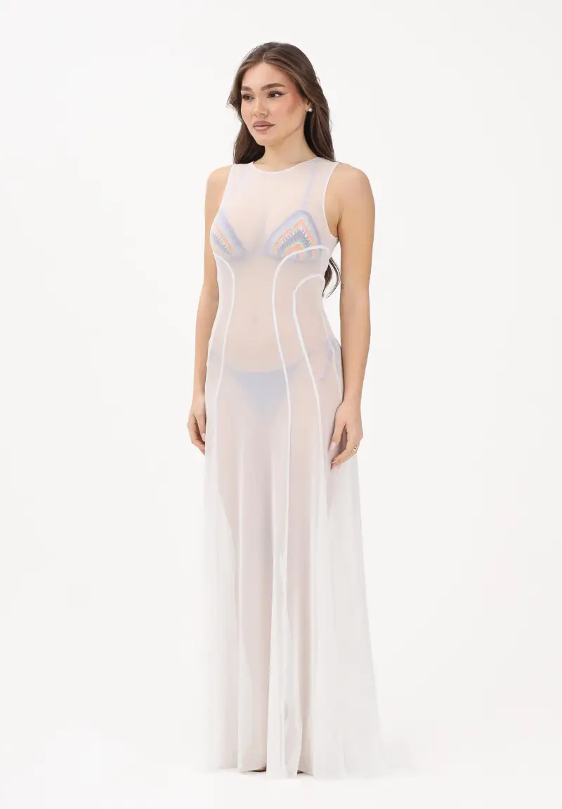 Abito lungo bianco da donna realizzato in tulle trasparente