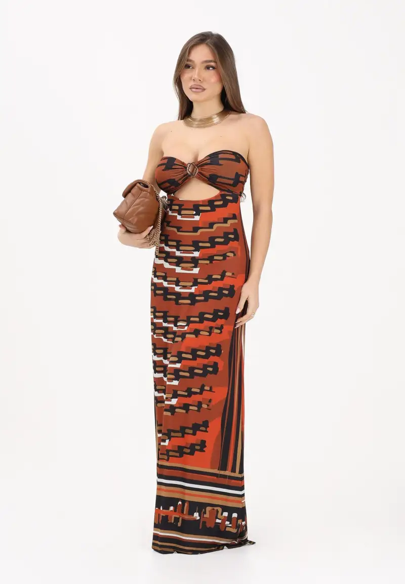Abito lungo mattone da donna caratterizzato da una stampa grafica miniatura 2
