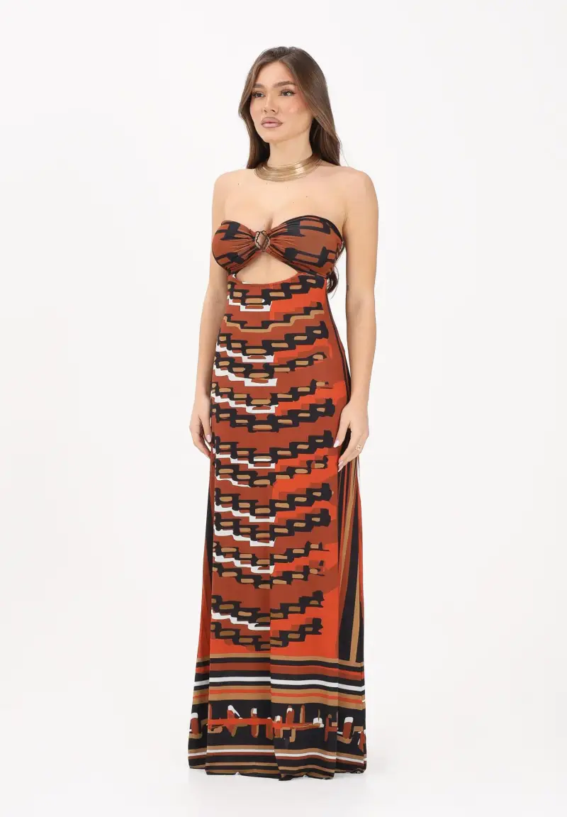 Abito lungo mattone da donna caratterizzato da una stampa grafica