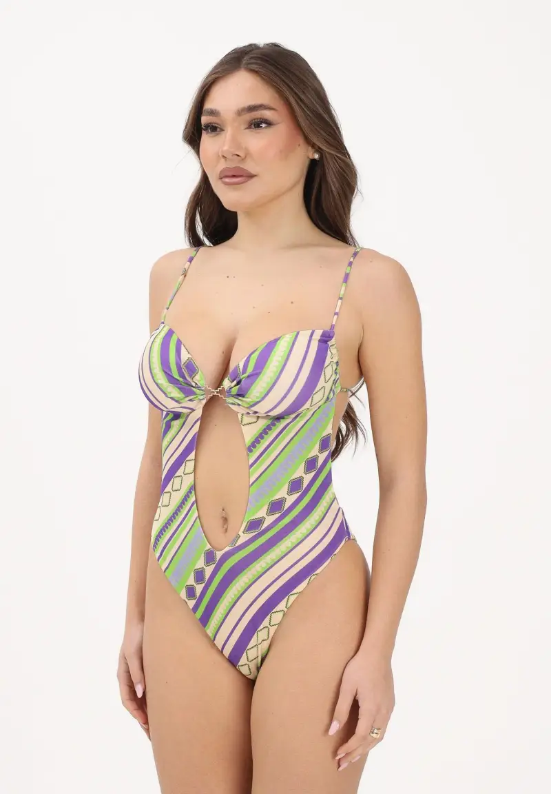 Costume intero verde e viola da donna con fantasia geometrica