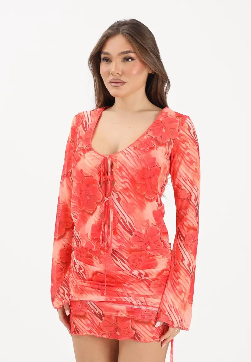 Top a manica lunga rosso corallo da donna con fantasia tropicale