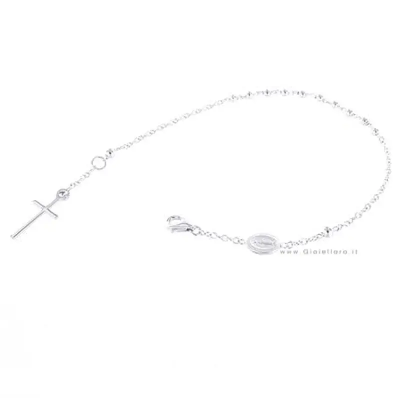 bracciale rosario in oro bianco con medaglia madonna miracolosa e croce